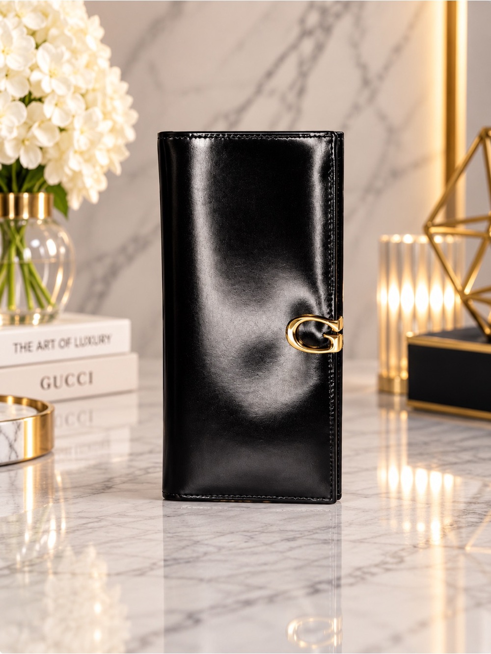 Gucci Queen Margaret Navy Blue Patent Leather Long Bifold Horsebit Wallet